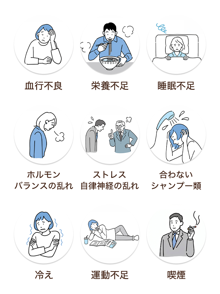 血行不良・栄養不足・睡眠不足・ホルモンバランスの乱れ・ストレス自律神経の乱れ・合わないシャンプー類・冷え・運動不足・喫煙