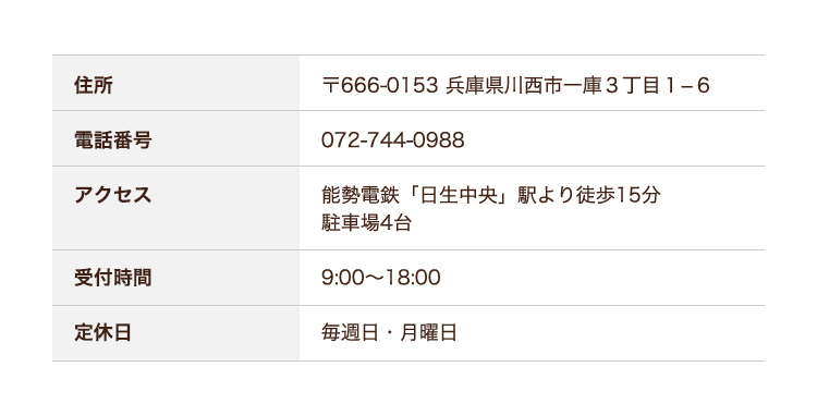 住所：〒666-0153 兵庫県川西市一庫3丁目1-6 電話番号：072-744-0988 アクセス：能勢電鉄「日生中央」駅より徒歩15分駐車場4台 受付時間：9:00〜18:00 定休日：毎週日・月曜日