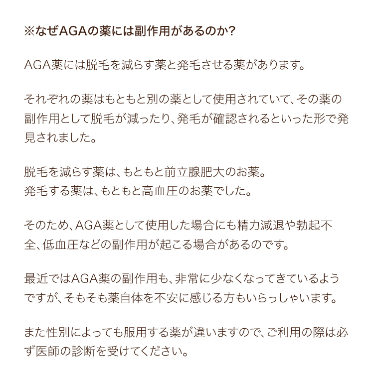※なぜAGAの薬には副作用があるのか？AGA薬には脱毛を減らす薬と発毛させる薬があります。それぞれの薬はもともと別の薬として使用されていて、その薬の副作用として脱毛が減ったり、発毛が確認されるといった形で発見されました。脱毛を減らす薬は、もともと前立腺肥大のお薬。発毛する薬は、もともと高血圧のお薬でした。そのため、AGA薬として使用した場合にも精力減退や勃起不全、低血圧などの副作用が起こる場合があるのです。最近ではAGA薬の副作用も、非常に少なくなってきているようですが、そもそも薬自体を不安に感じる方もいらっしゃいます。また性別によっても服用する薬が違いますので、ご利用の際は必ず医師の診断を受けてください。